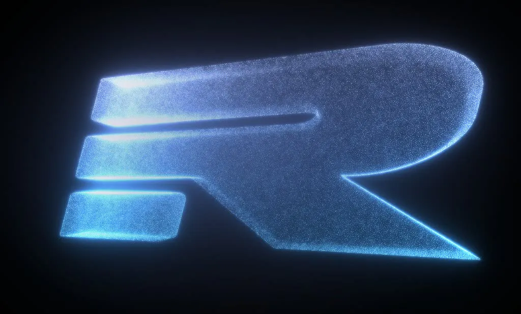 Glowing blue particle-rendered Remix “R” logo on a black background.