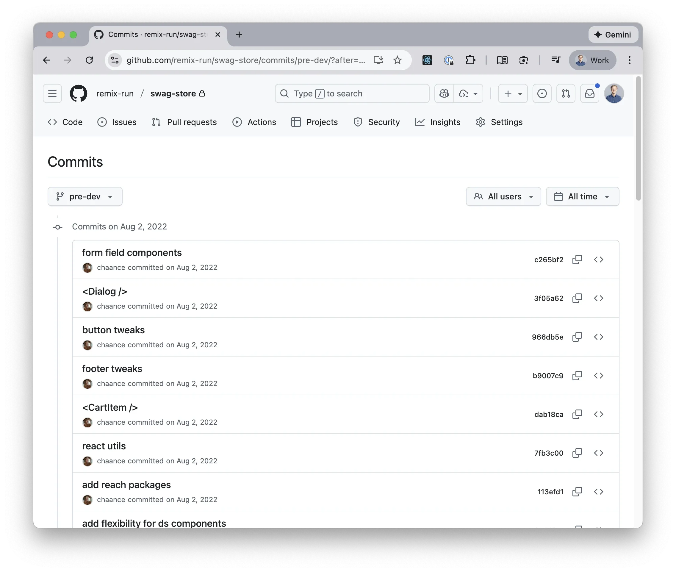 GitHub commit history page for remix-run/swag-store showing early development commits from August 2022, including form components, Dialog, CartItem, and various UI tweaks.