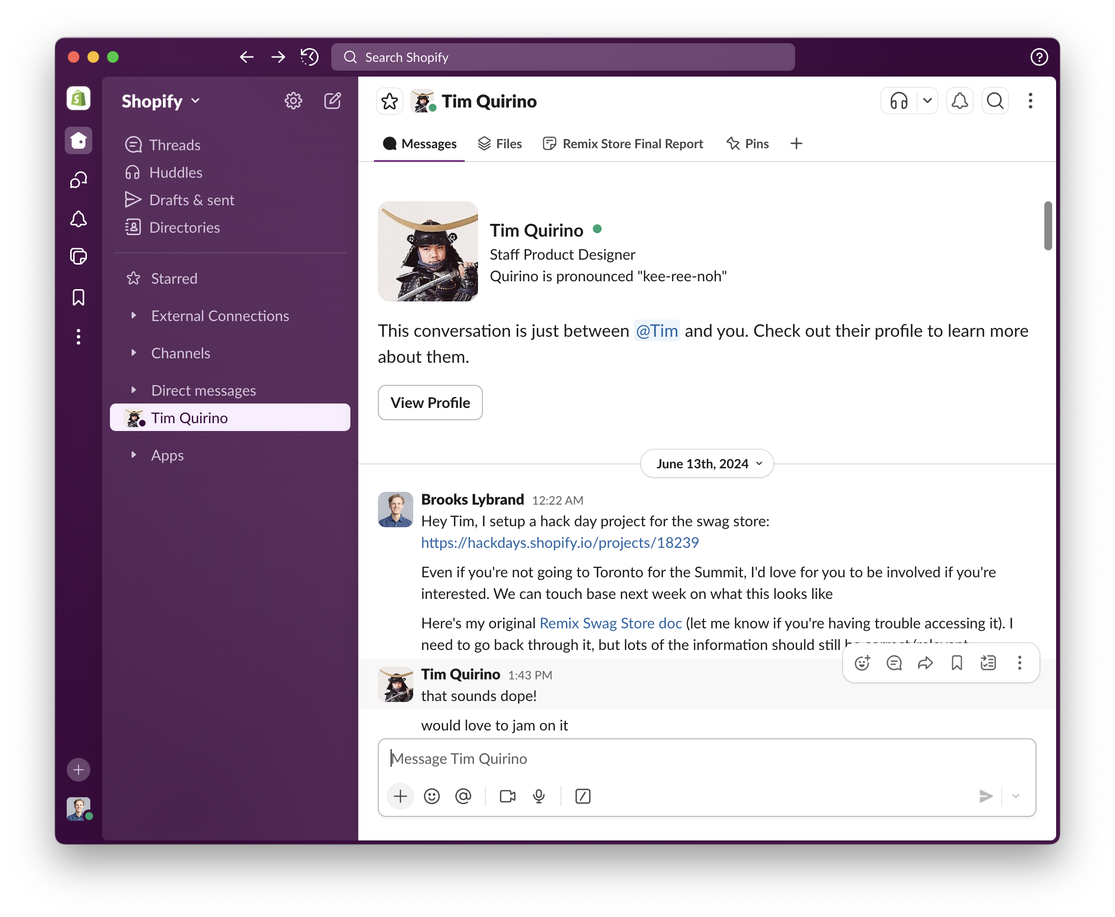 Screenshot of a Slack DM conversation between Brooks Lybrand and Tim Quirino discussing the Remix Swag Store hack day project, with Tim expressing interest in collaborating.