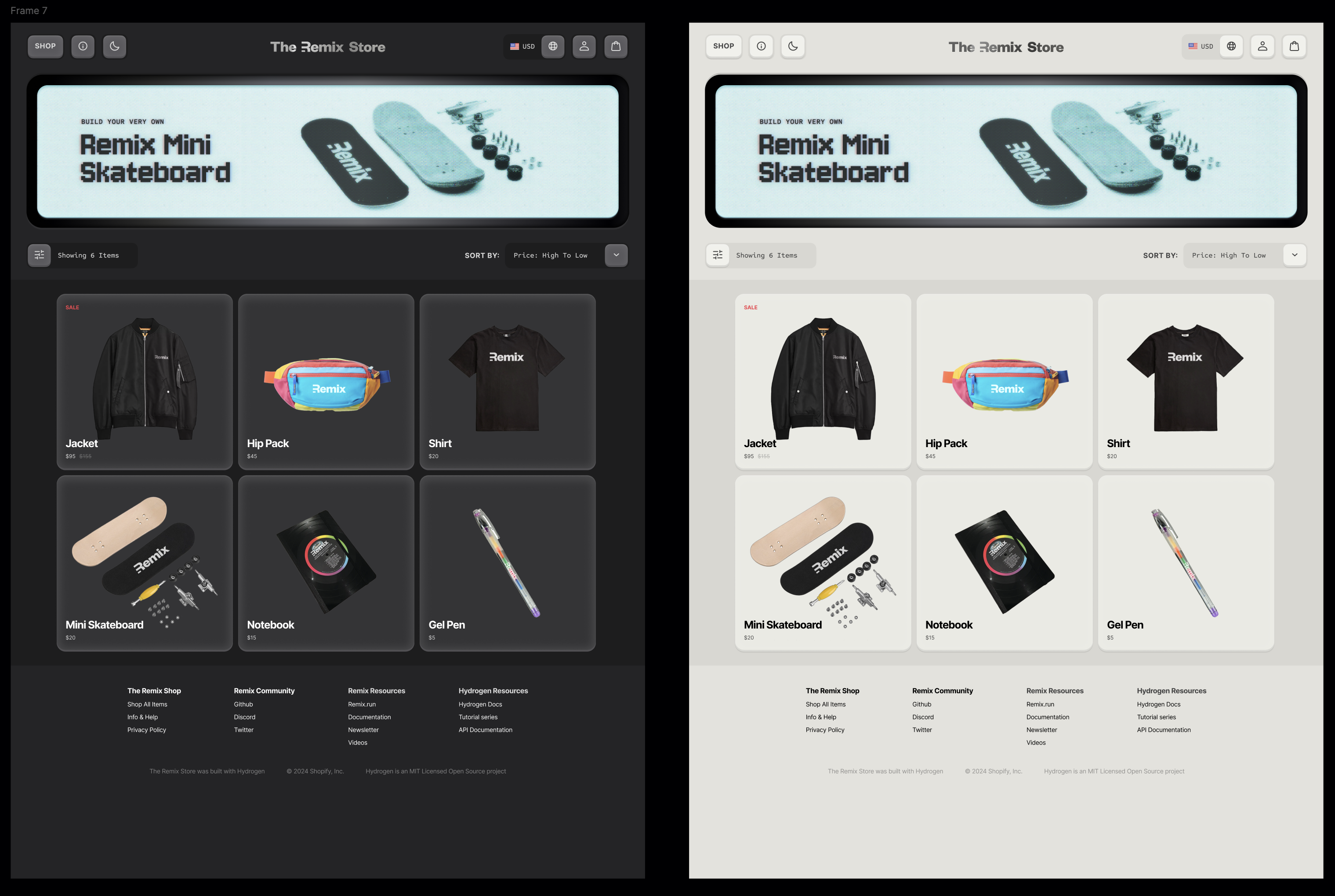 Side-by-side dark and light mode views of v0 of The Remix Store website featuring a mini skateboard banner and six product listings including a jacket, hip pack, shirt, skateboard, notebook, and gel pen.