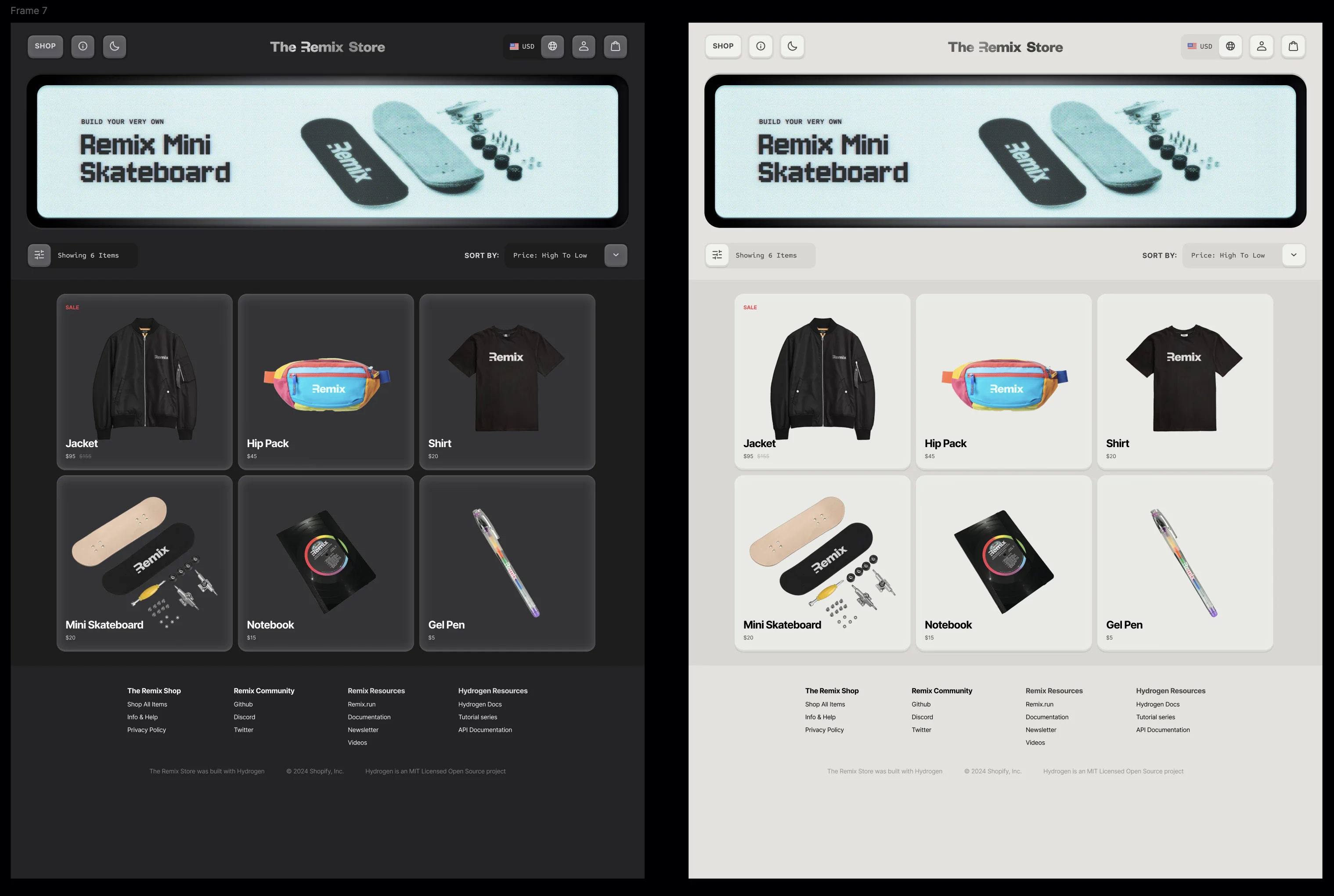 Side-by-side dark and light mode views of v0 of The Remix Store website featuring a mini skateboard banner and six product listings including a jacket, hip pack, shirt, skateboard, notebook, and gel pen.