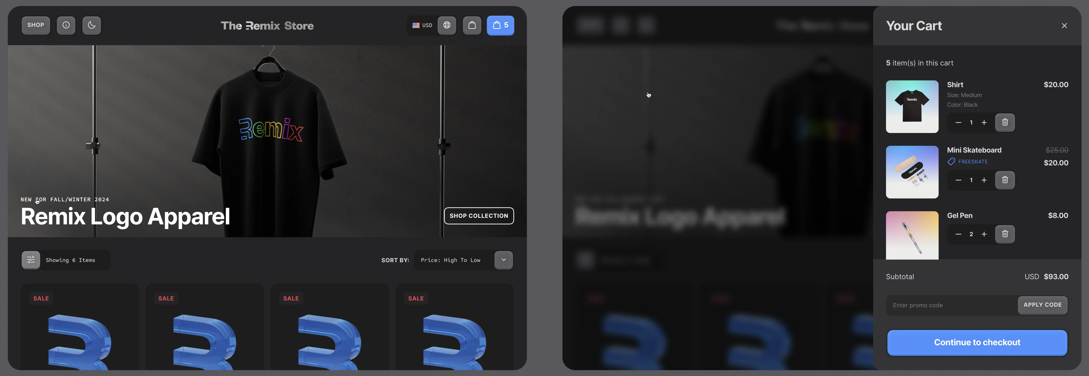 Screenshot of v1 of The Remix Store website in dark mode, featuring a black t-shirt with a colorful Remix logo in the hero section and a shopping cart overlay on the right. The cart contains a shirt, a mini skateboard, and a gel pen, totaling $93.00.