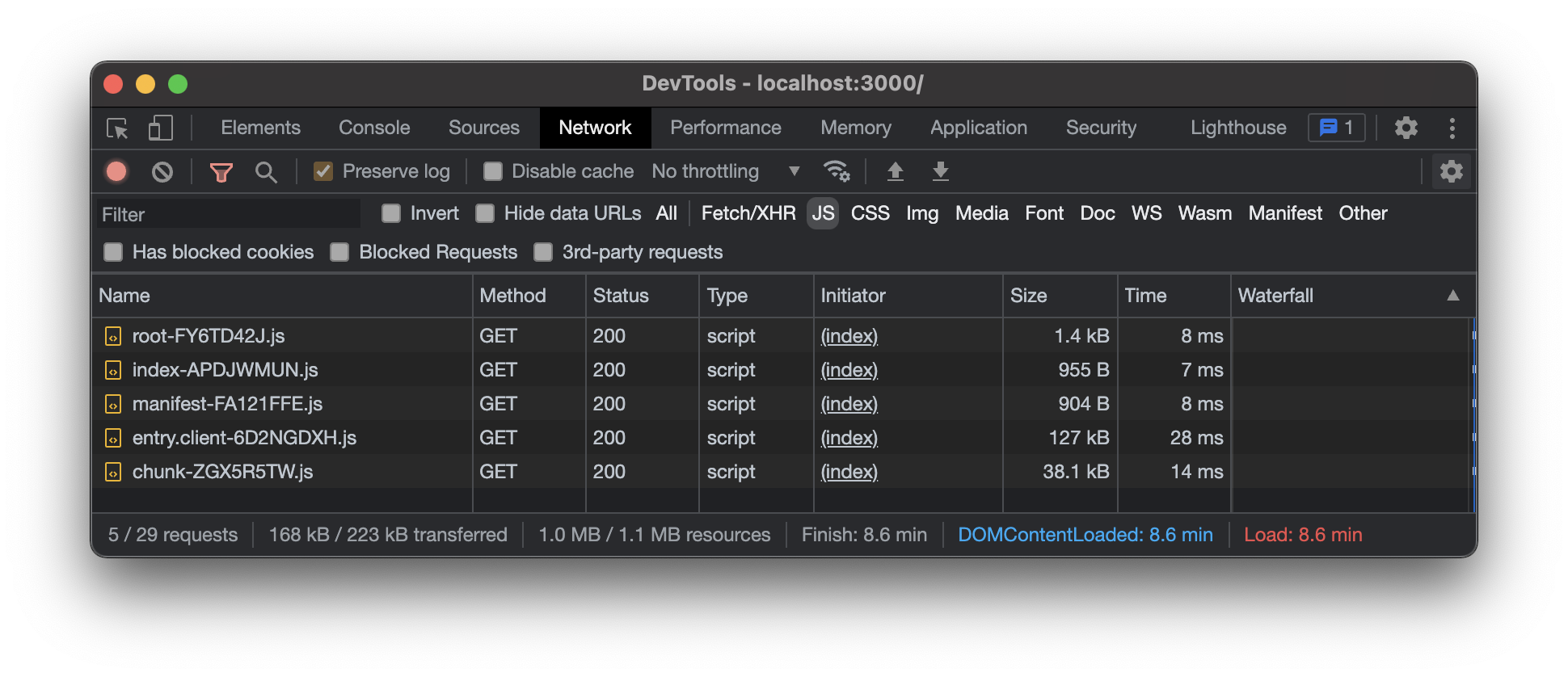 Network tab showing JavaScript loaded