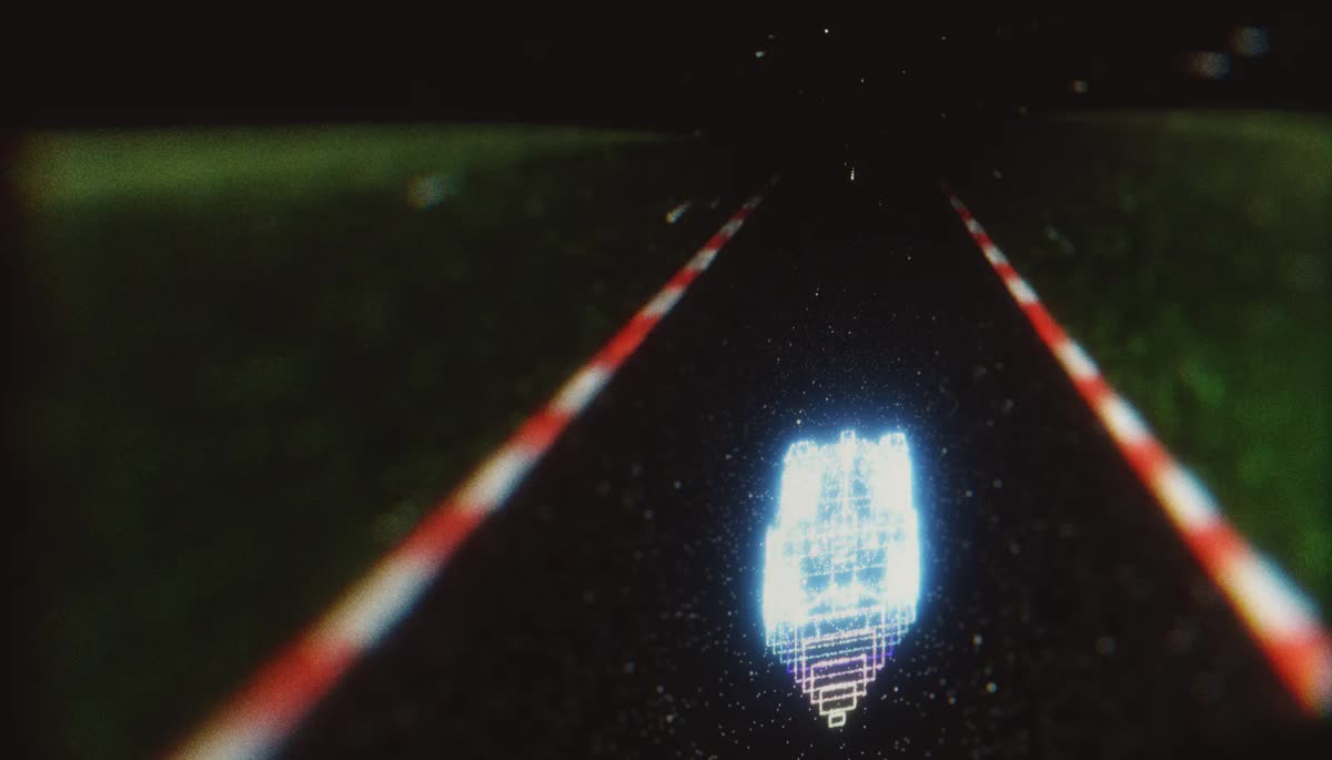 A glowing blue race car speeding down a dark track beneath a starry sky