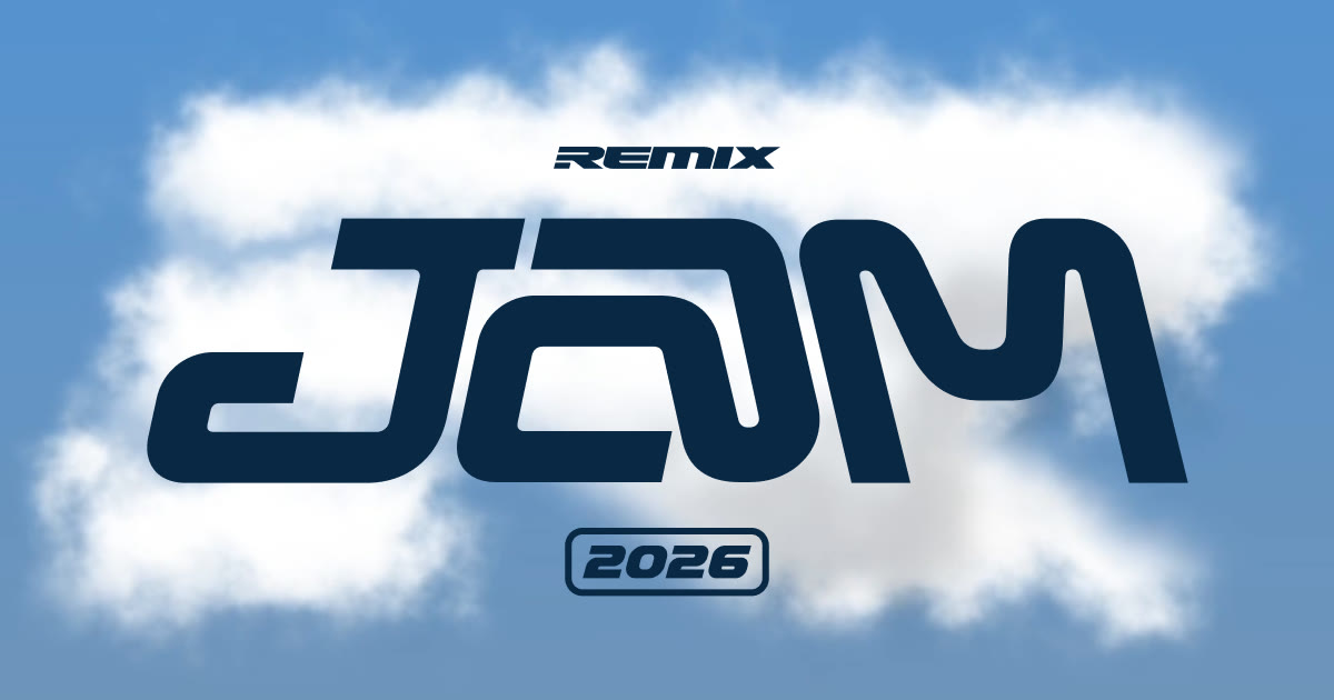Remix Jam 2026 logo floating over white clouds in a blue sky